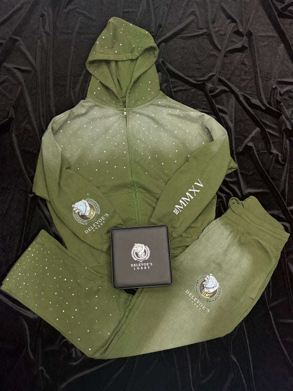 Green Sun-Dyed Sparkle Sweat Suit Set